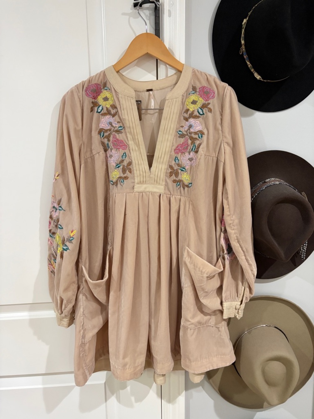 Free People Blush Pink Velvet Embroidered Mini Dress